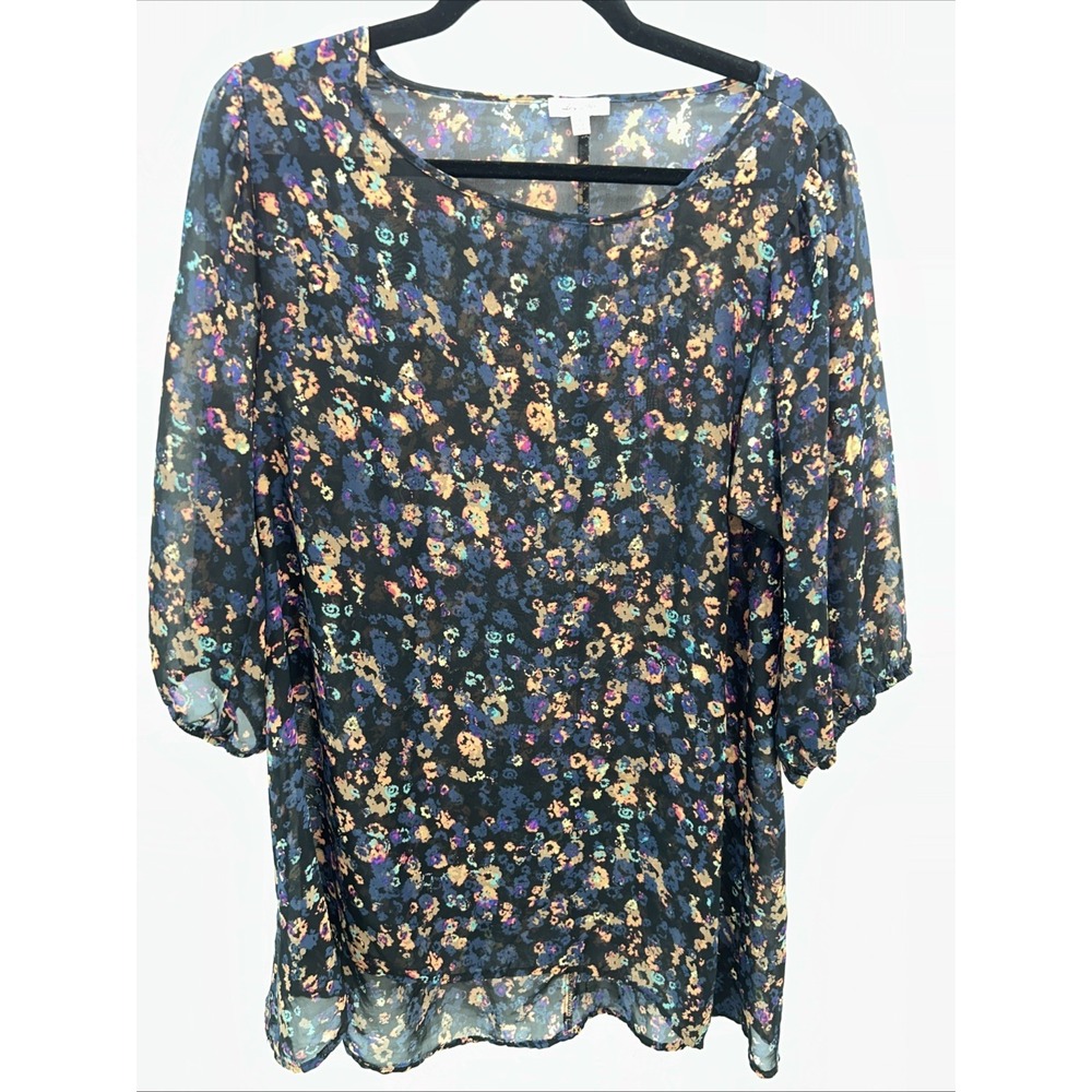 Lilly Starr Women's‎ L Sheer Floral Black Multicolor 3/4 Sleeves Lightweight Top
